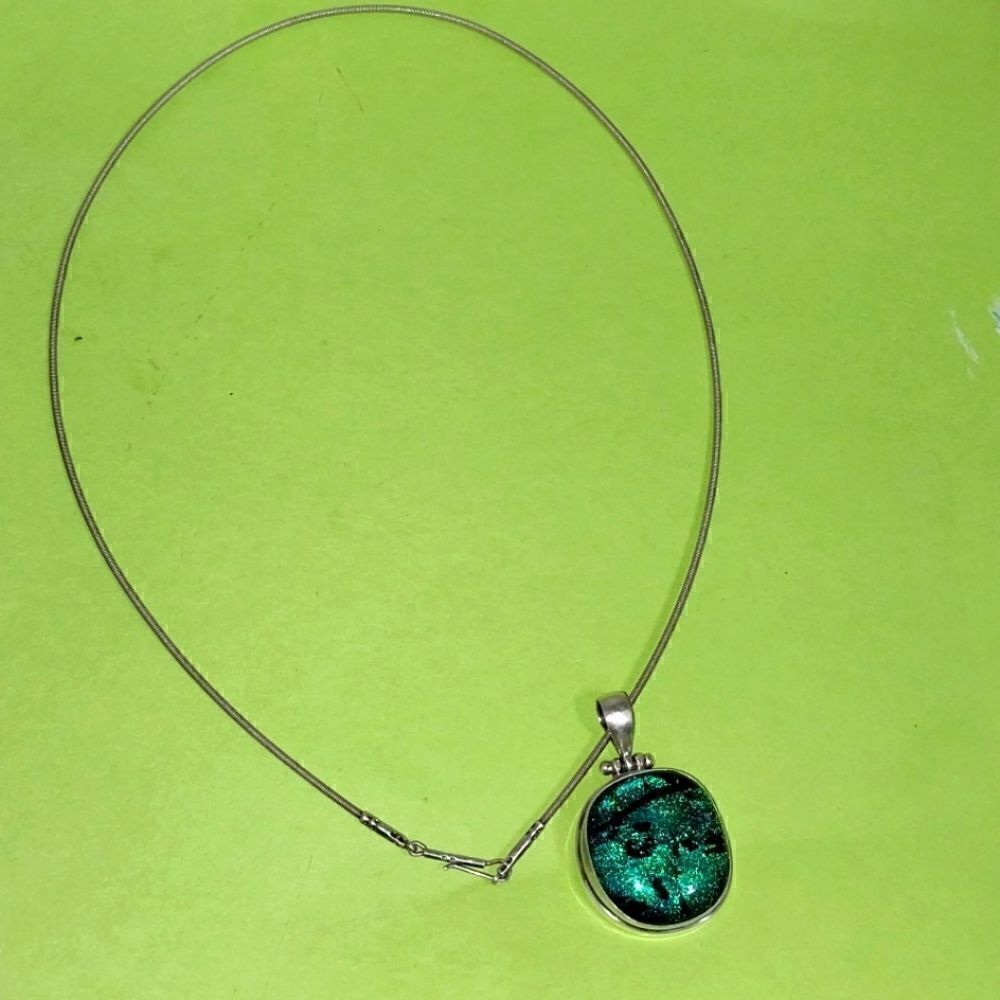 VintageSterling Diachrolic Glass Pendant and Chain...16"...